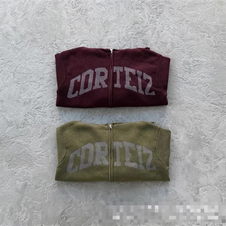 Corteiz knitted zipper hoodie new English letter trendy coat American casual sweater for men and women