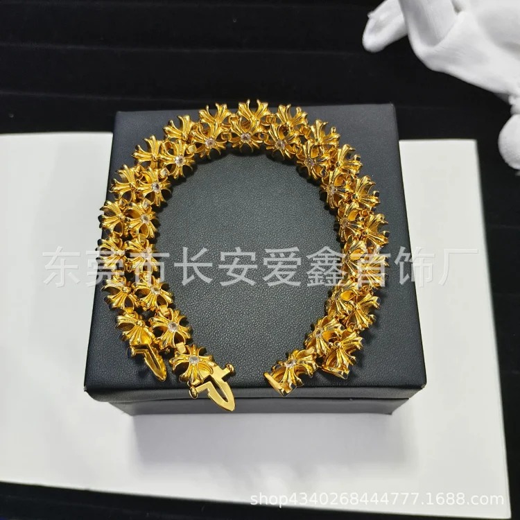 Gold diamond full cross flower bracelet hip hop personality domineering fashion cross