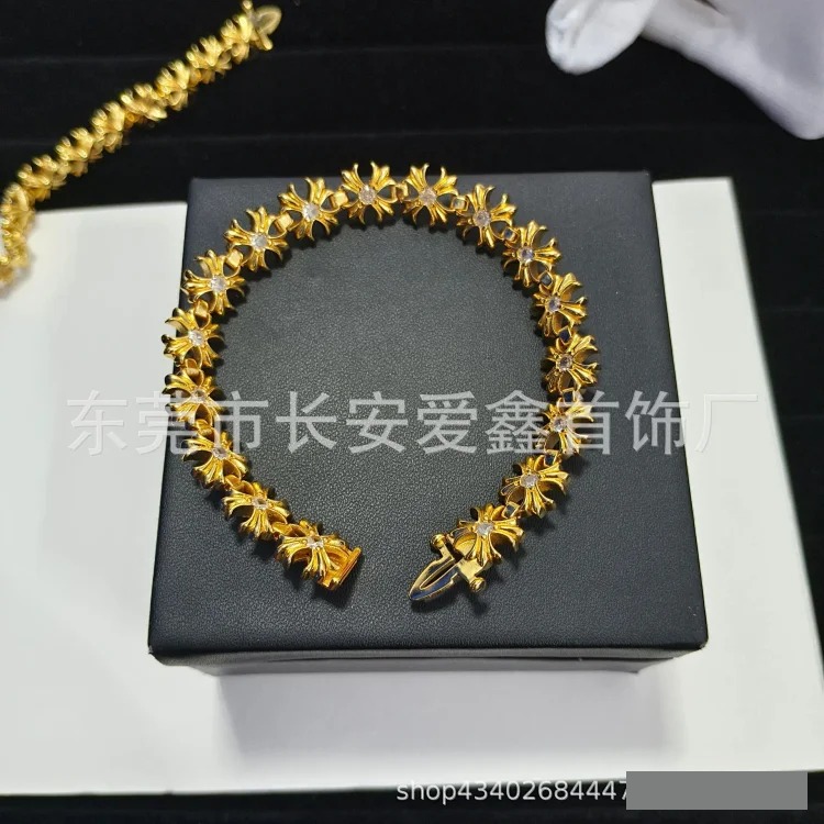 Gold diamond full cross flower bracelet hip hop personality domineering fashion cross