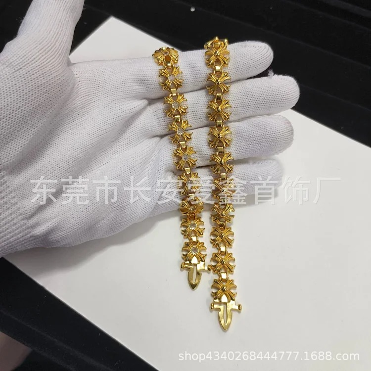 Gold diamond full cross flower bracelet hip hop personality domineering fashion cross