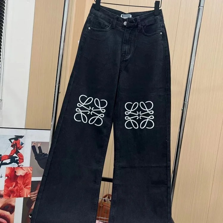 Embroidered wide-leg casual loose straight denim trousers