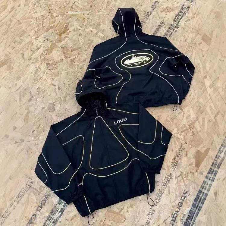 Co-branded hook jacket, hooded men's and women's windbreaker, waterproof reflective strips