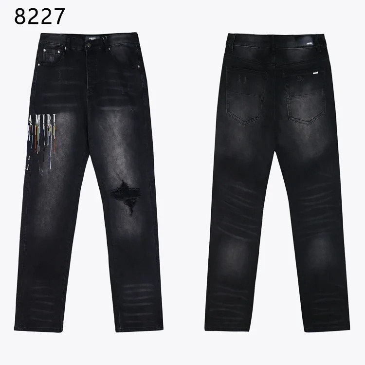 Amiri American high street trendy brand purple small feet straight leg splashed ink graffiti scratched ripped skinny jeans