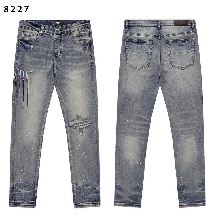 Amiri American high street trendy brand purple small feet straight leg splashed ink graffiti scratched ripped skinny jeans