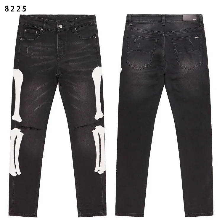 Amiri American high street trendy brand purple small feet straight leg splashed ink graffiti scratched ripped skinny jeans