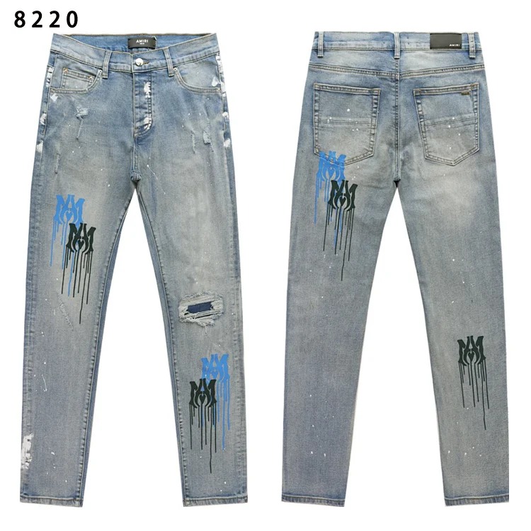 Amiri American high street trendy brand purple small feet straight leg splashed ink graffiti scratched ripped skinny jeans