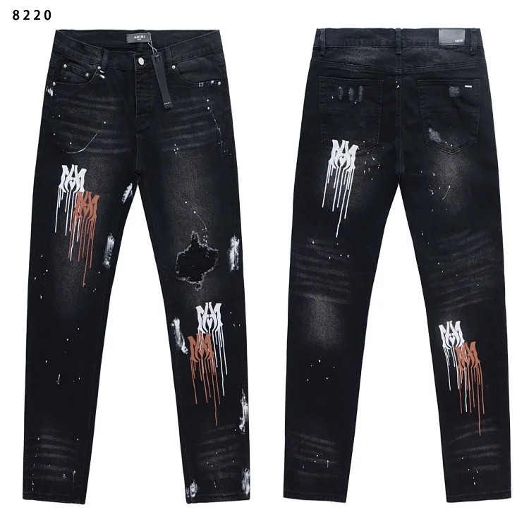 Amiri American high street trendy brand purple small feet straight leg splashed ink graffiti scratched ripped skinny jeans