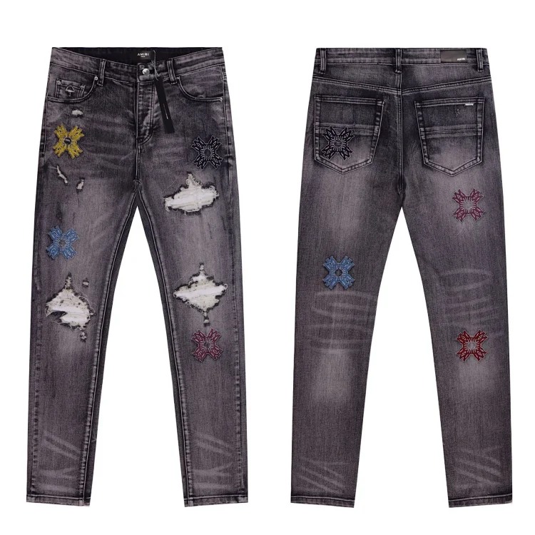 Amiri American high street trendy brand purple small feet straight leg splashed ink graffiti scratched ripped skinny jeans