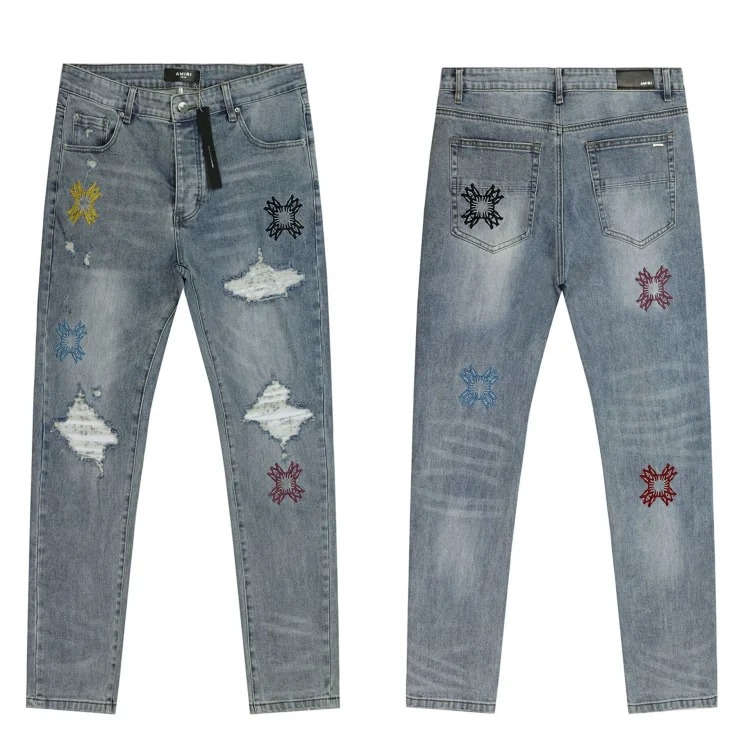 Amiri American high street trendy brand purple small feet straight leg splashed ink graffiti scratched ripped skinny jeans