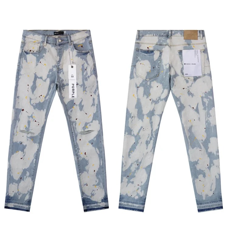 Amiri American high street trendy brand purple small feet straight leg splashed ink graffiti scratched ripped skinny jeans