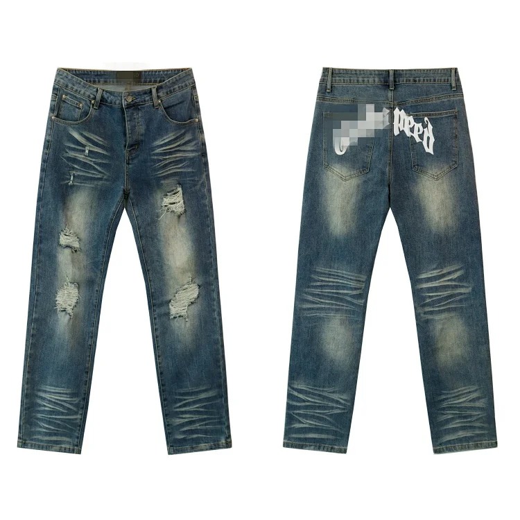 Amiri American high street trendy brand purple small feet straight leg splashed ink graffiti scratched ripped skinny jeans