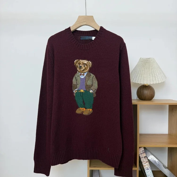 Bear autumn and winter pure cotton American flag embroidered cartoon round neck sweater