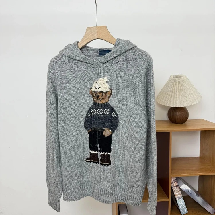Bear autumn and winter pure cotton American flag embroidered cartoon round neck sweater