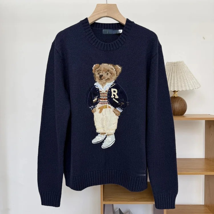Bear autumn and winter pure cotton American flag embroidered cartoon round neck sweater