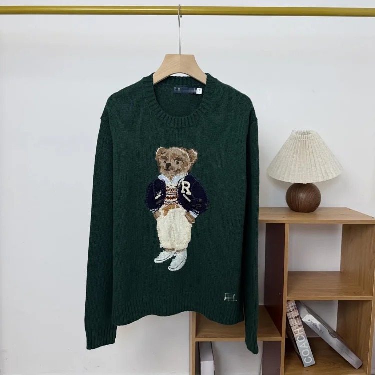 Bear autumn and winter pure cotton American flag embroidered cartoon round neck sweater