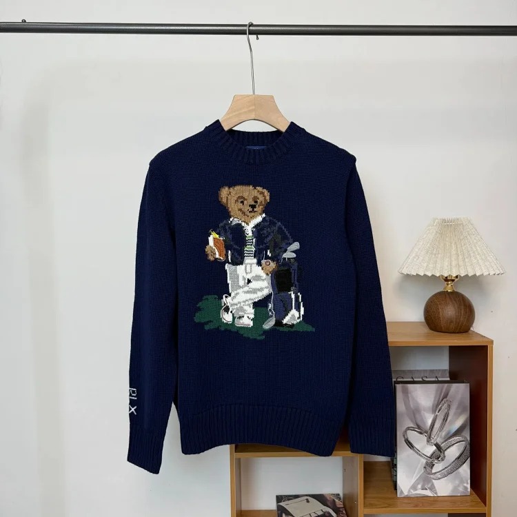 Bear autumn and winter pure cotton American flag embroidered cartoon round neck sweater