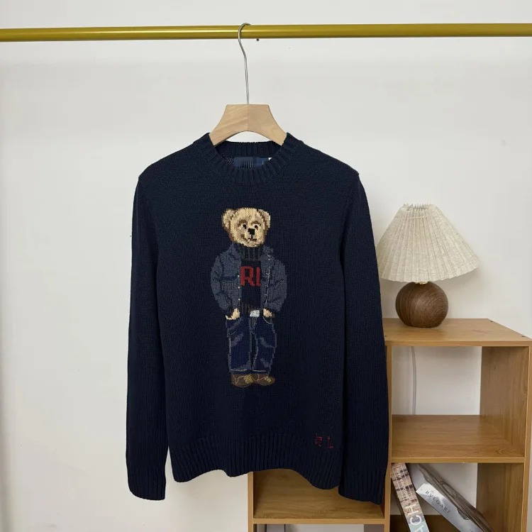 Bear autumn and winter pure cotton American flag embroidered cartoon round neck sweater