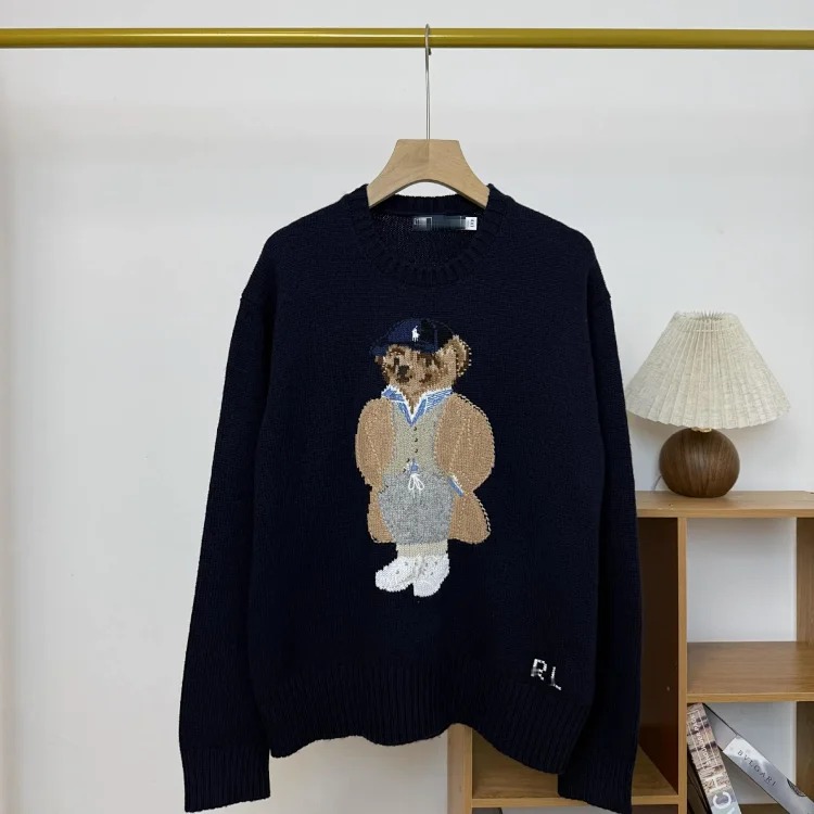 Bear autumn and winter pure cotton American flag embroidered cartoon round neck sweater