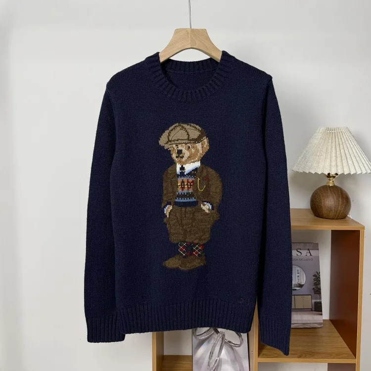 Bear autumn and winter pure cotton American flag embroidered cartoon round neck sweater