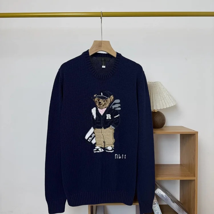 Bear autumn and winter pure cotton American flag embroidered cartoon round neck sweater
