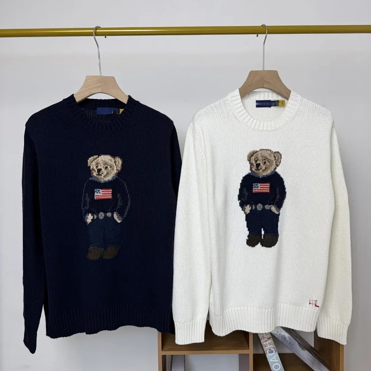 Bear autumn and winter pure cotton American flag embroidered cartoon round neck sweater