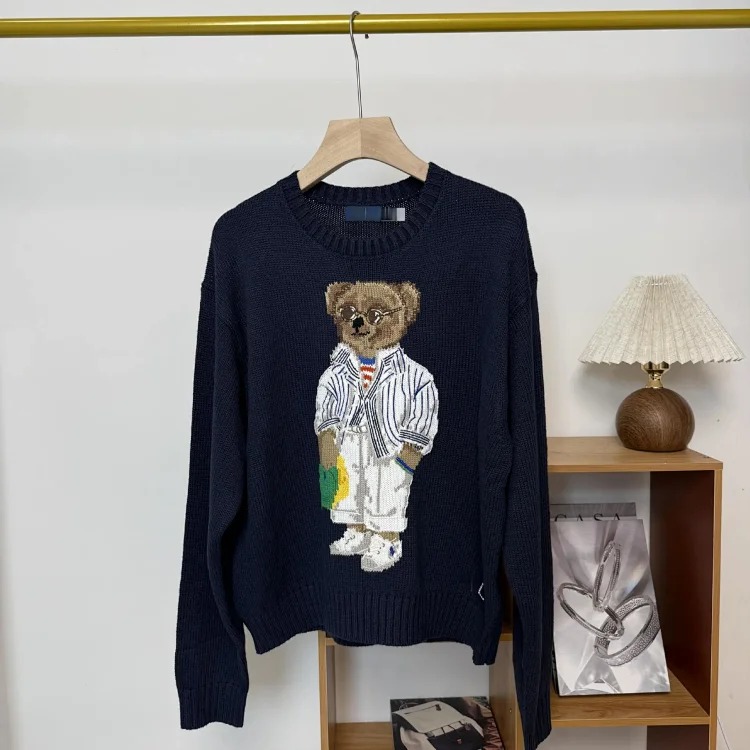 Bear autumn and winter pure cotton American flag embroidered cartoon round neck sweater