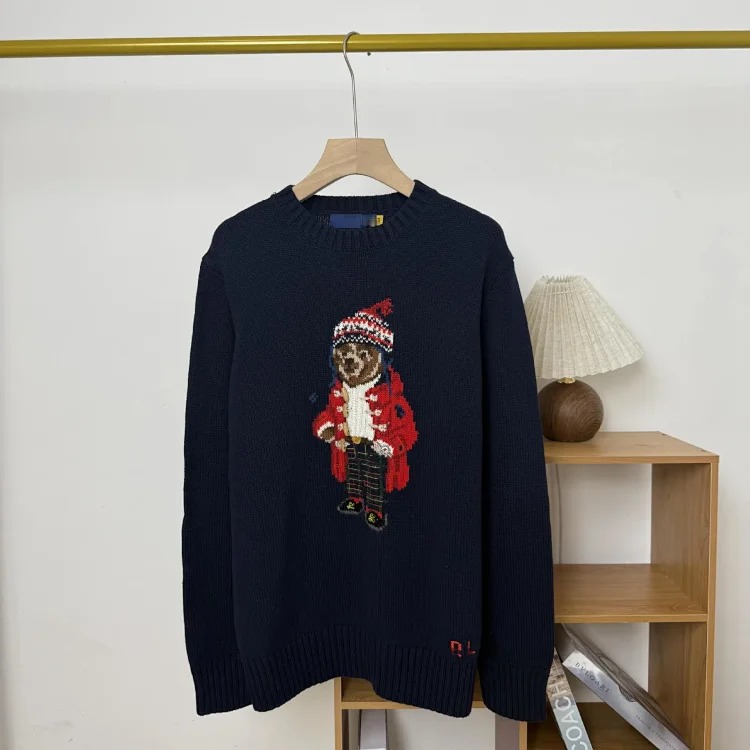 Bear autumn and winter pure cotton American flag embroidered cartoon round neck sweater