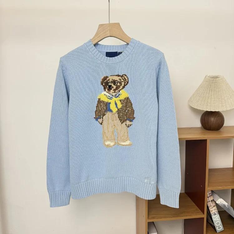 Bear autumn and winter pure cotton American flag embroidered cartoon round neck sweater
