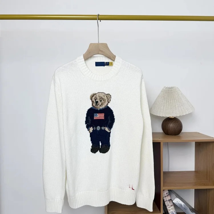 Bear autumn and winter pure cotton American flag embroidered cartoon round neck sweater