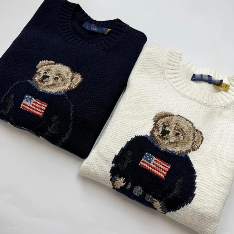 Bear autumn and winter pure cotton American flag embroidered cartoon round neck sweater
