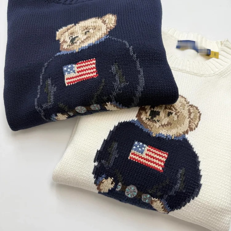 Bear autumn and winter pure cotton American flag embroidered cartoon round neck sweater