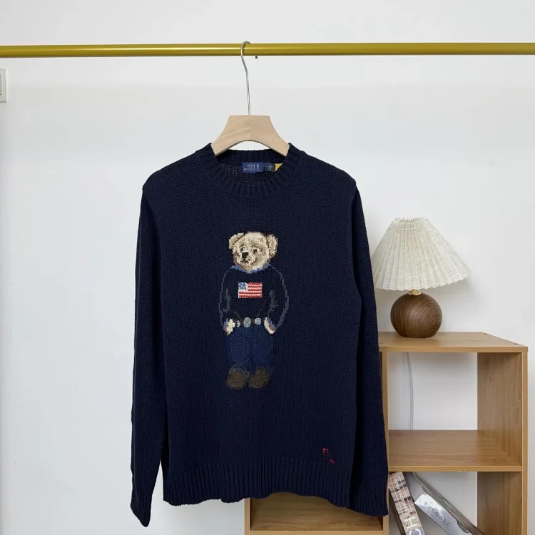 Bear autumn and winter pure cotton American flag embroidered cartoon round neck sweater