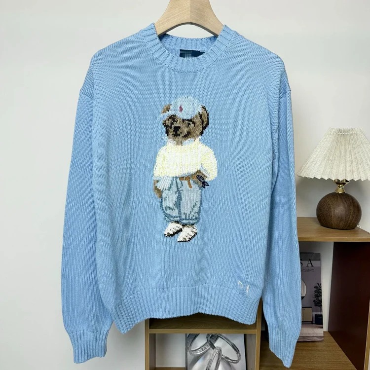Bear autumn and winter pure cotton American flag embroidered cartoon round neck sweater