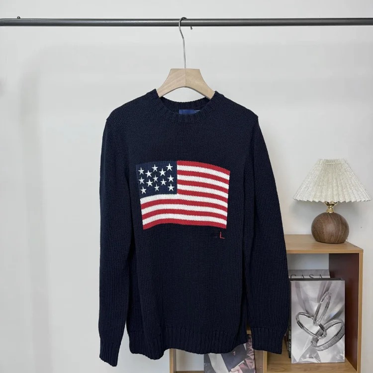 Bear autumn and winter pure cotton American flag embroidered cartoon round neck sweater