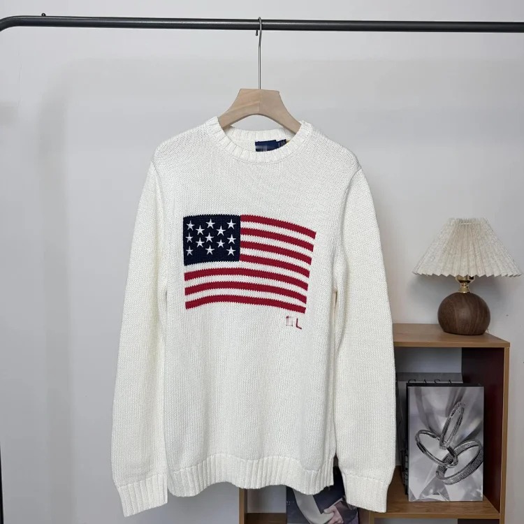 Bear autumn and winter pure cotton American flag embroidered cartoon round neck sweater