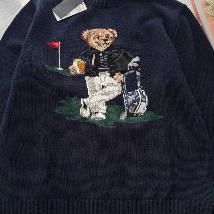 Bear autumn and winter pure cotton American flag embroidered cartoon round neck sweater