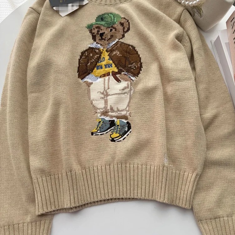 Bear autumn and winter pure cotton American flag embroidered cartoon round neck sweater