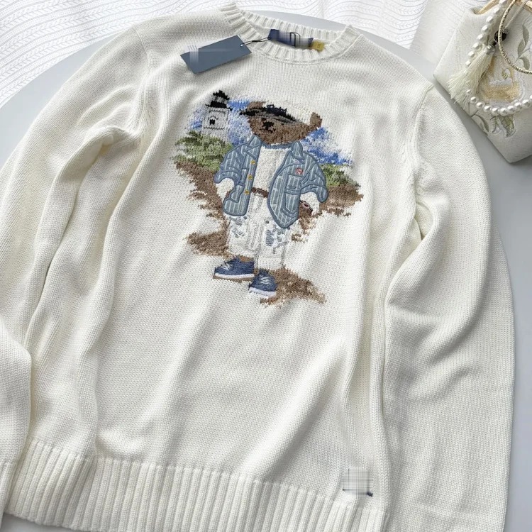 Bear autumn and winter pure cotton American flag embroidered cartoon round neck sweater
