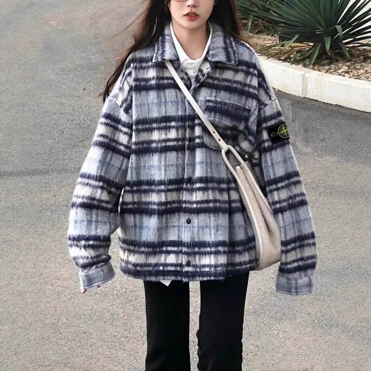 Heavy wool plaid classic armband lapel padded jacket