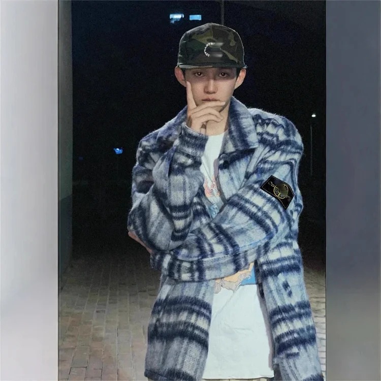 Heavy wool plaid classic armband lapel padded jacket