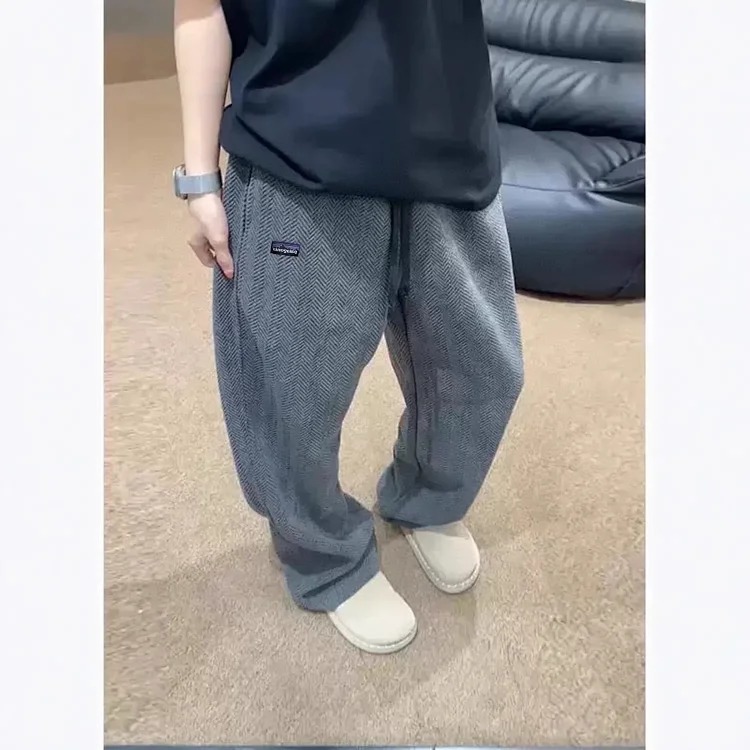 Embroidered logo textured silhouette loose scimitar pants sweatpants straight trousers couple style trendy