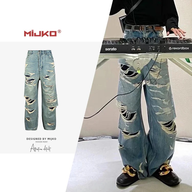 MIJKO men's clothing, women's Bawei double-layer tassels, beggar style, men's and women's, destroyed and torn jeans, handsome
