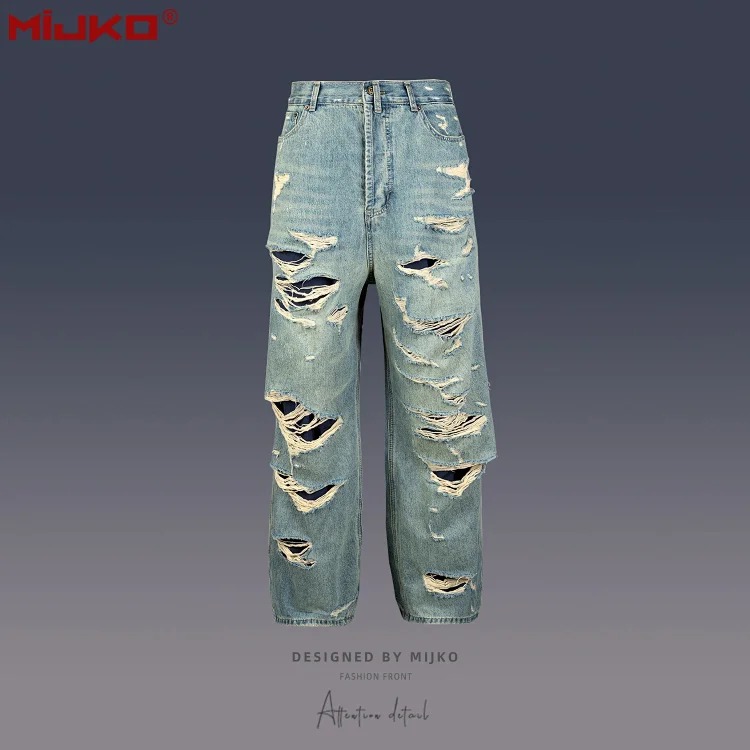 MIJKO men's clothing, women's Bawei double-layer tassels, beggar style, men's and women's, destroyed and torn jeans, handsome