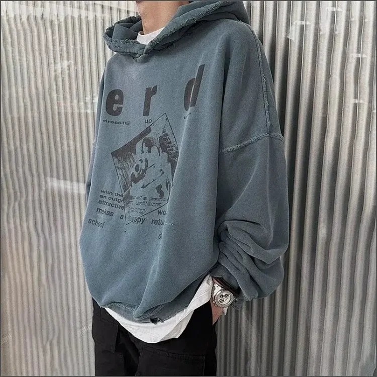 Melancholy rich second generation washed and aged letter print hooded sweatshirt