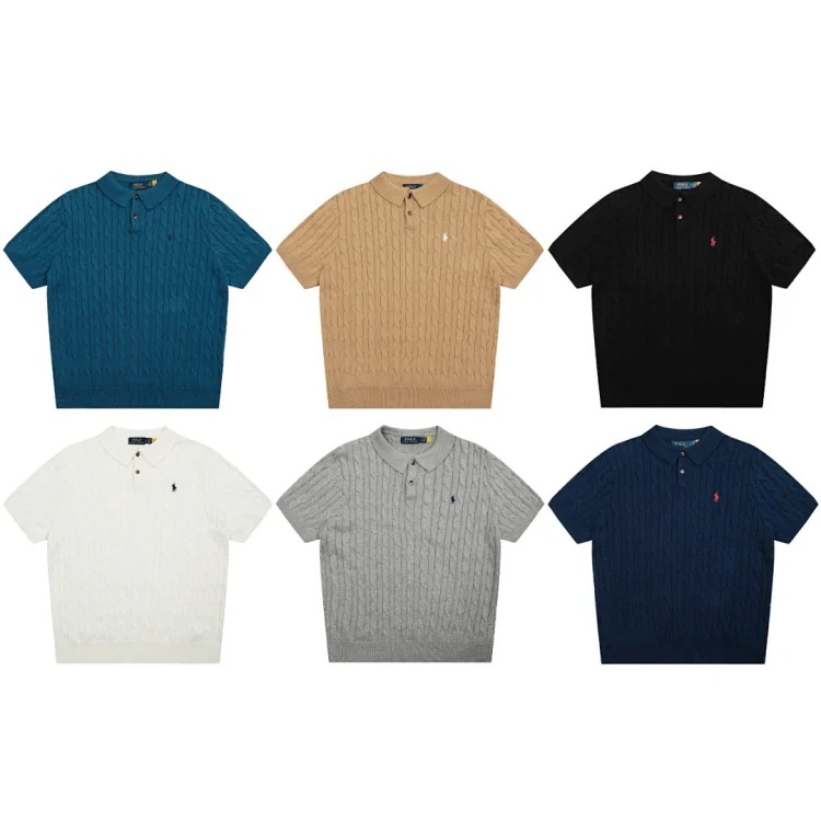 Classic Four Seasons Lapel Solid Color Pony Embroidered Knitted Short Sleeves