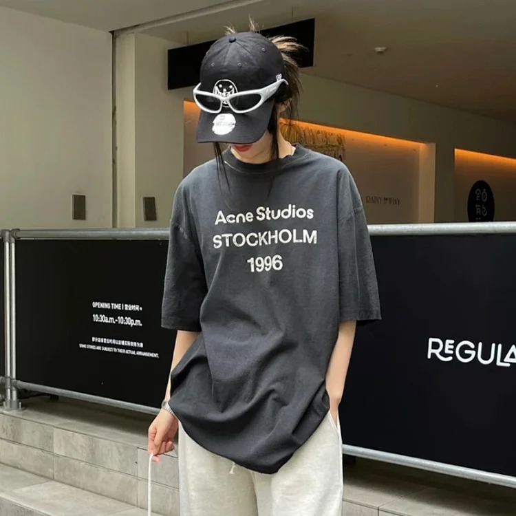 1996 Letter Print Washed and Distressed Light Luxury Loose Men's and Women's Short Sleeve Couple T-Shirt