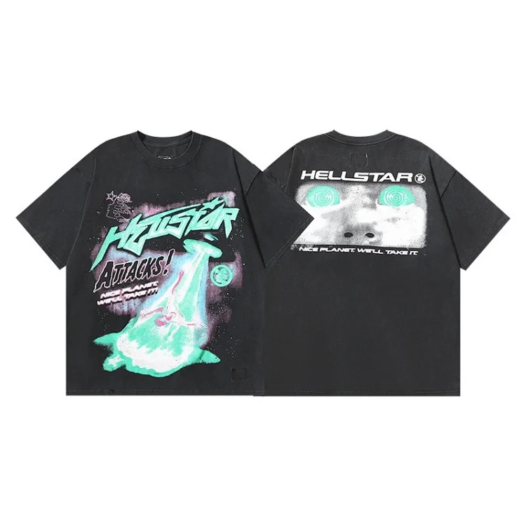 Hellstar T-shirt alien glasses kids print washed black short-sleeved T-shirt
