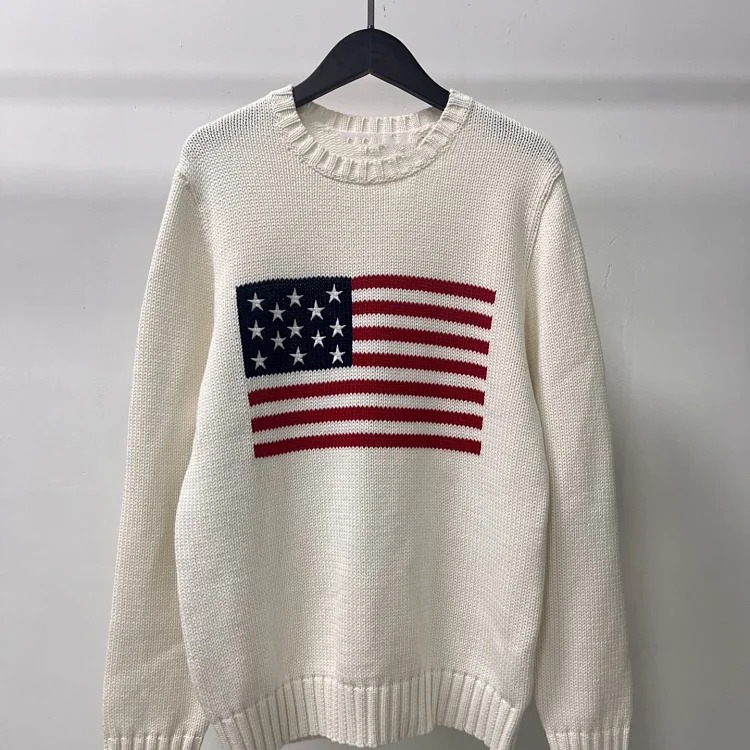 Five-pointed star embroidered striped flag pullover round neck knitted sweater for women for men and women