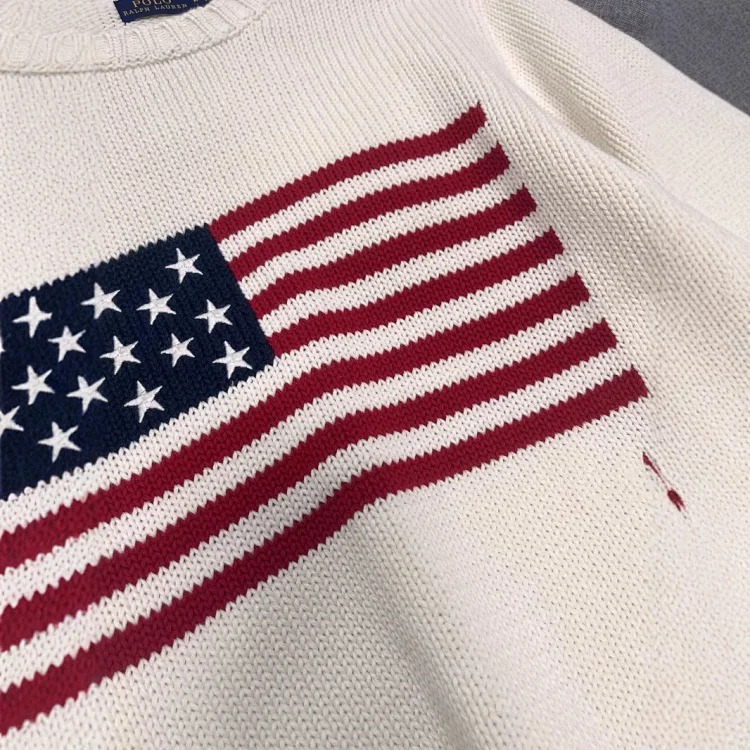 Five-pointed star embroidered striped flag pullover round neck knitted sweater for women for men and women