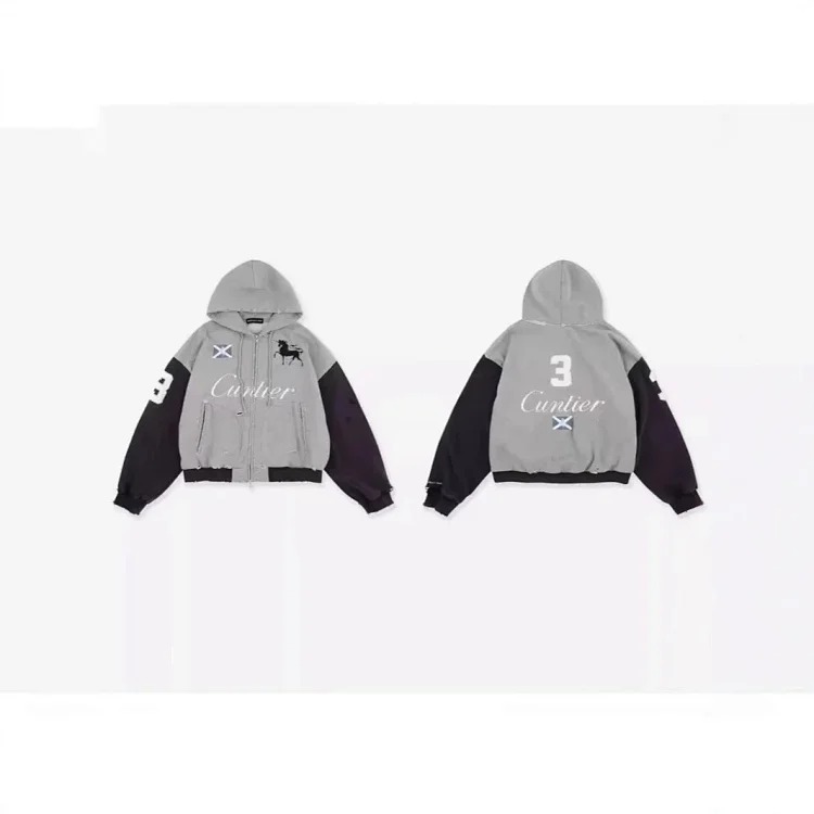 Spliced ​​washed distressed frayed embroidery zipper cardigan hooded sweatshirt jacket for men